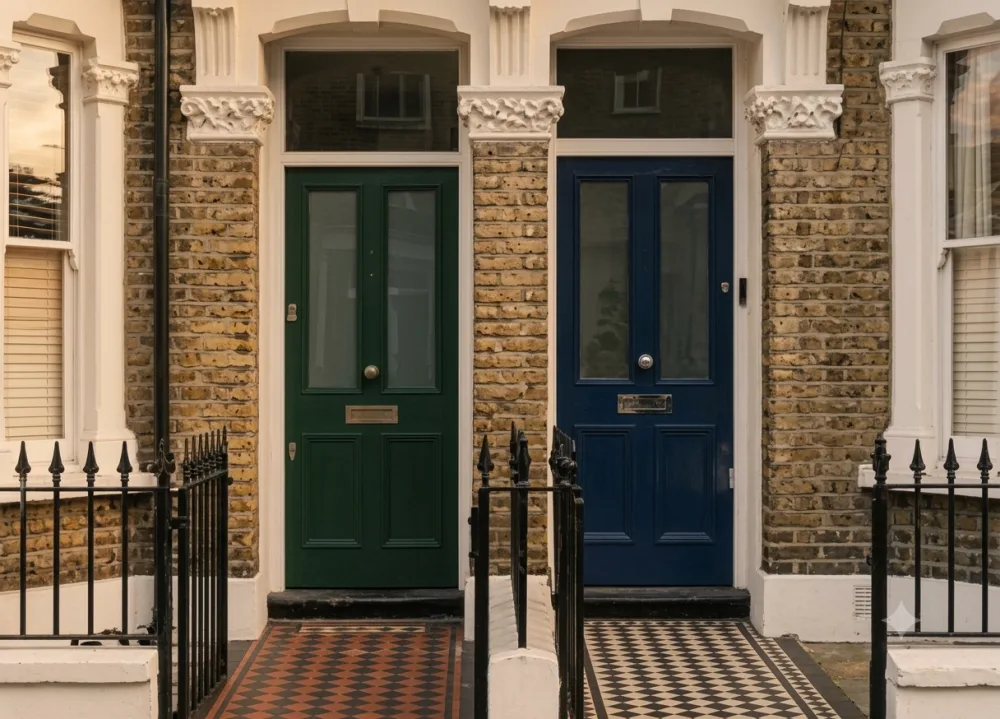 Two neighbours' front doors side by side on a Victorian terrace