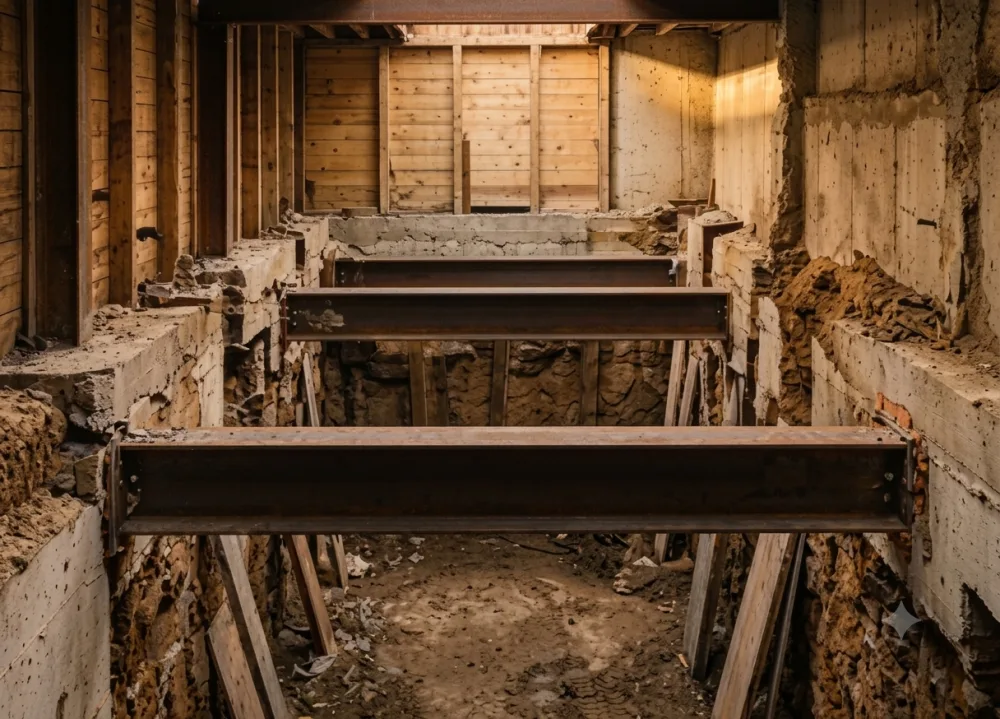 Basement excavation with steel beams