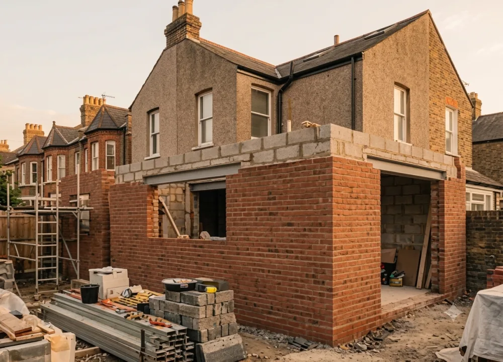 Partially-built brick extension paused mid-project